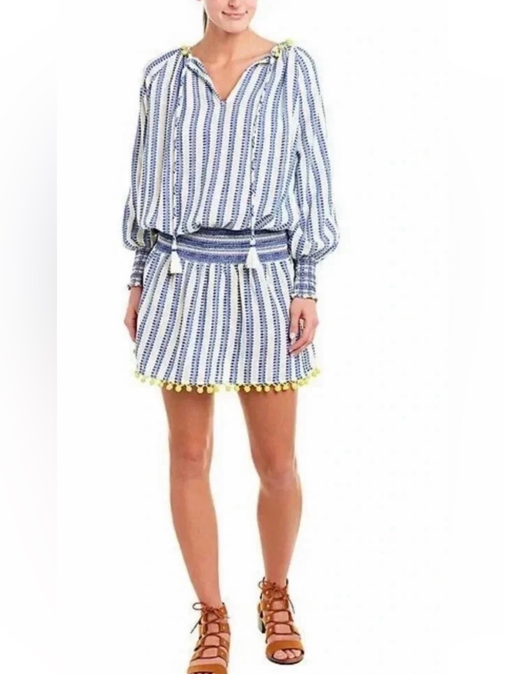 Tessora Luisa Embroidered Stripe Neon Pom Pom Embellished Shift Dress